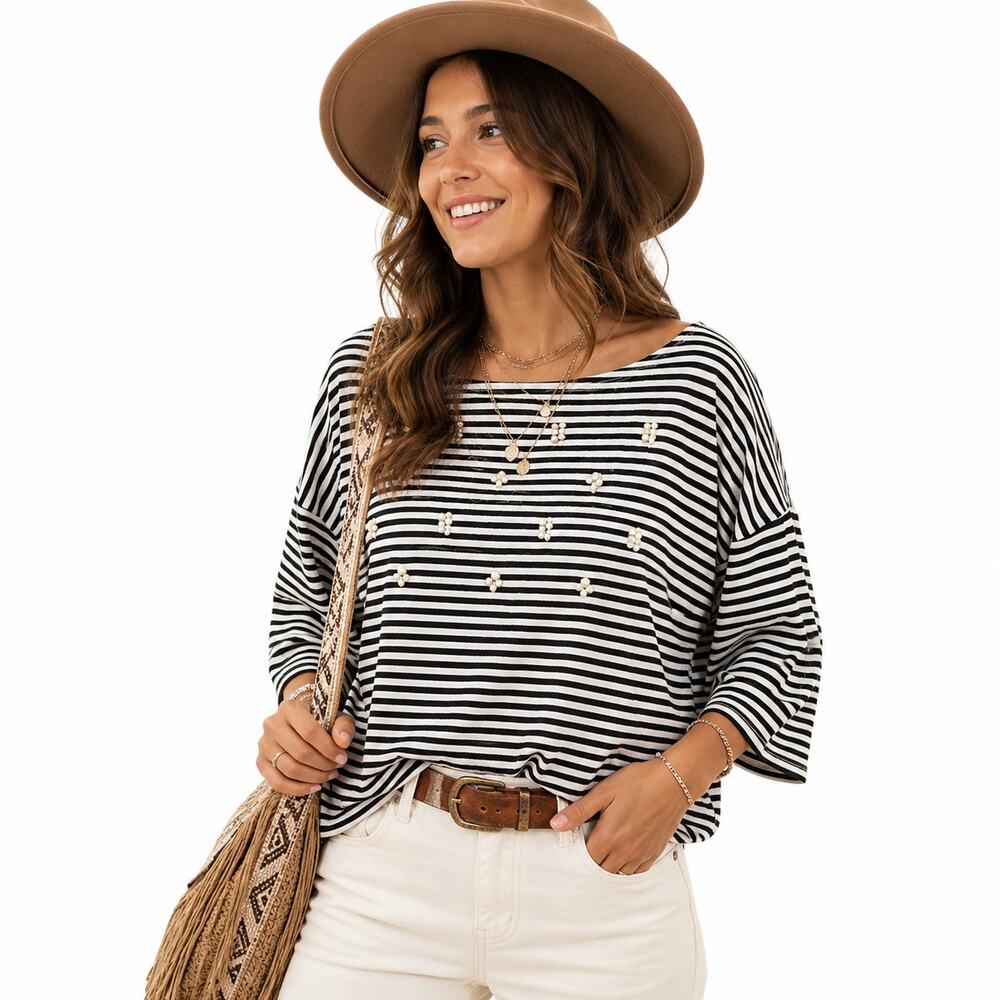 Banana Republic Women's Striped Embellished Boxy Knit Top Sweater XL 3/4 Sleeve